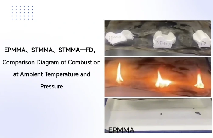 Ảnh thực tế: So sánh đốt cháy tại nhiệt độ và áp suất môi trường (Trái sang phải: EPMMA, STMMA, FD)
